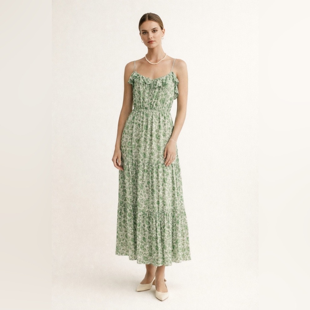 Jcrew Floral Maxi Tiered Ruffle Dress Green Victorian Coquette Cottage Resort M - Picture 2 of 9